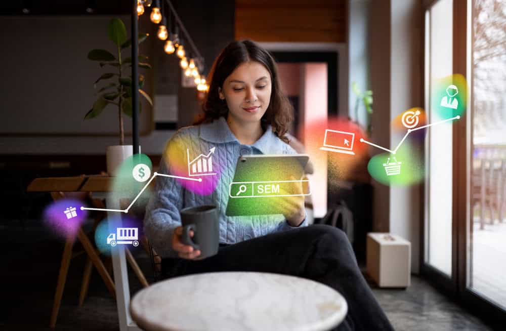 Woman using a tablet with digital marketing icons in a modern cafe.
