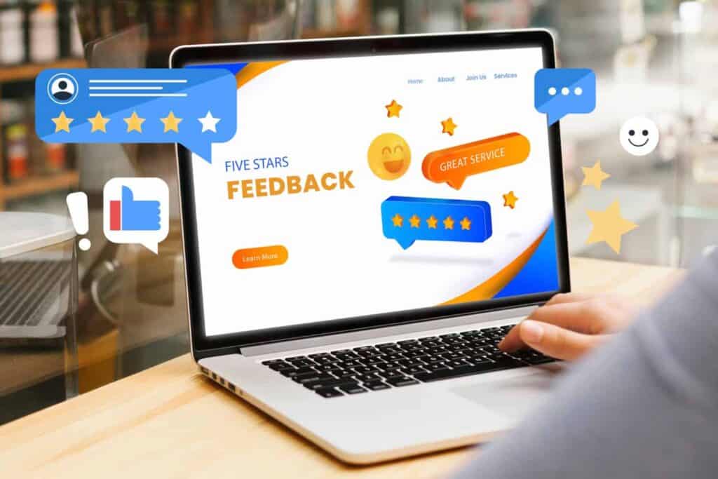 Laptop screen displaying five-star review icons and feedback messages.