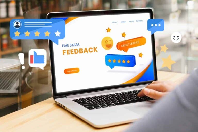 Laptop screen displaying five-star review icons and feedback messages.