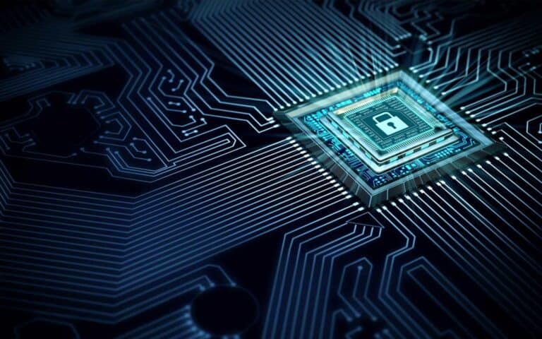 Advanced digital security chip on circuit board with lock icon, cybersecurity concept.