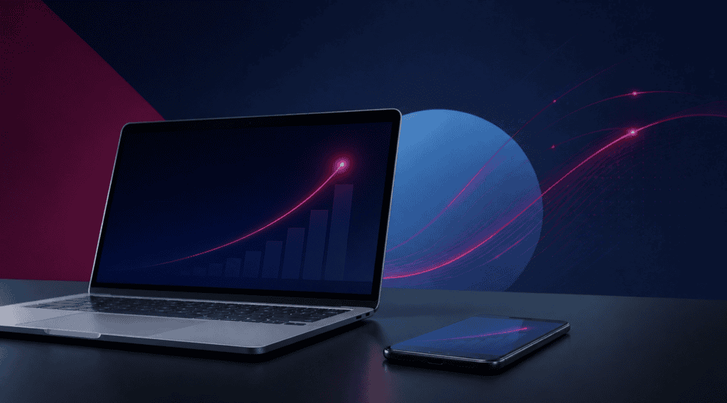 Boosted laptop with upward trending graph on screen, digital growth concept.