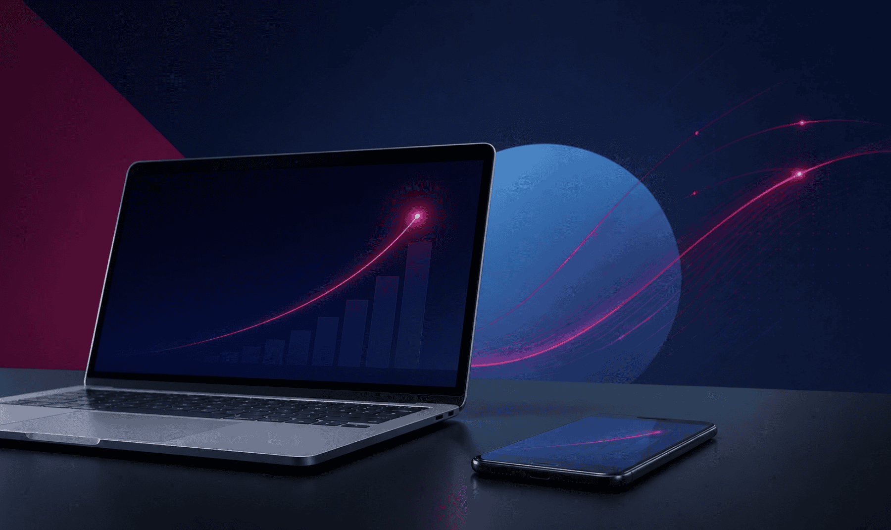 Boosted laptop with upward trending graph on screen, digital growth concept.