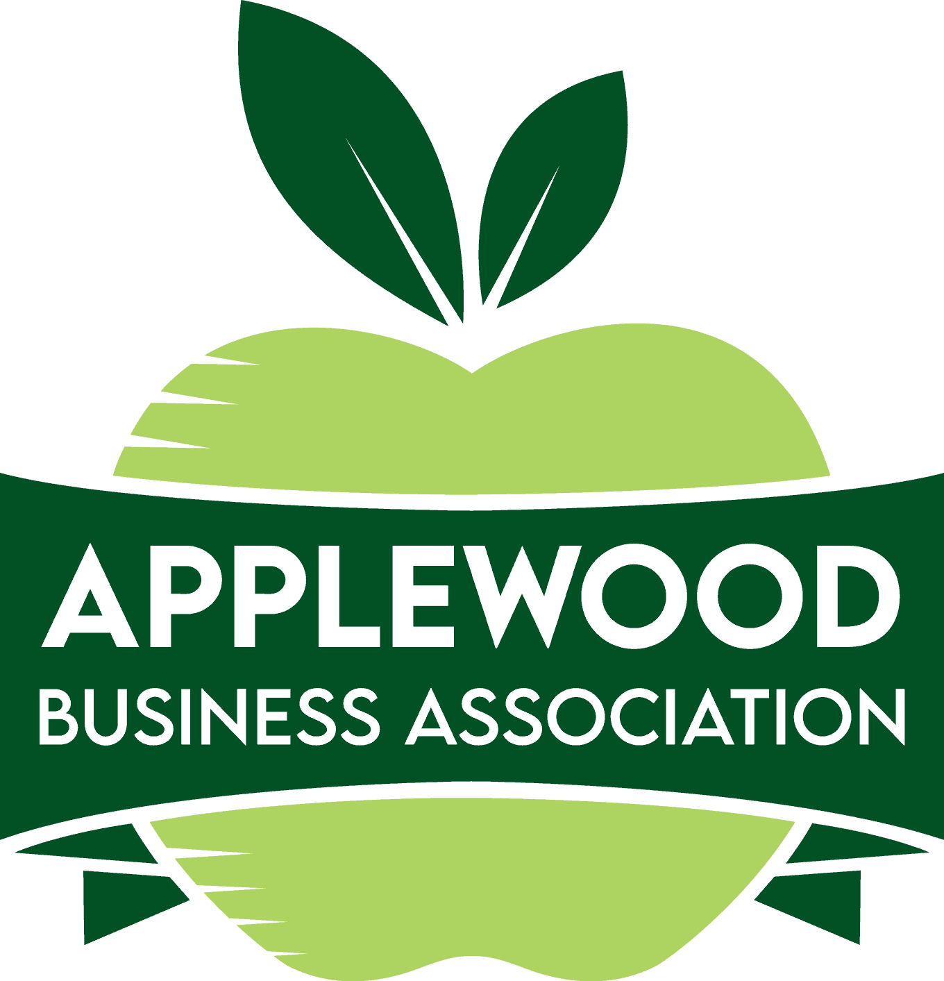 Applewood Business Association logo featuring a green apple with leaves and a banner.