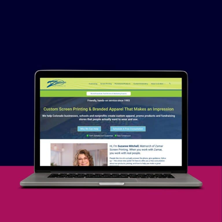 Custom screen printing website displayed on a laptop screen with a purple background.