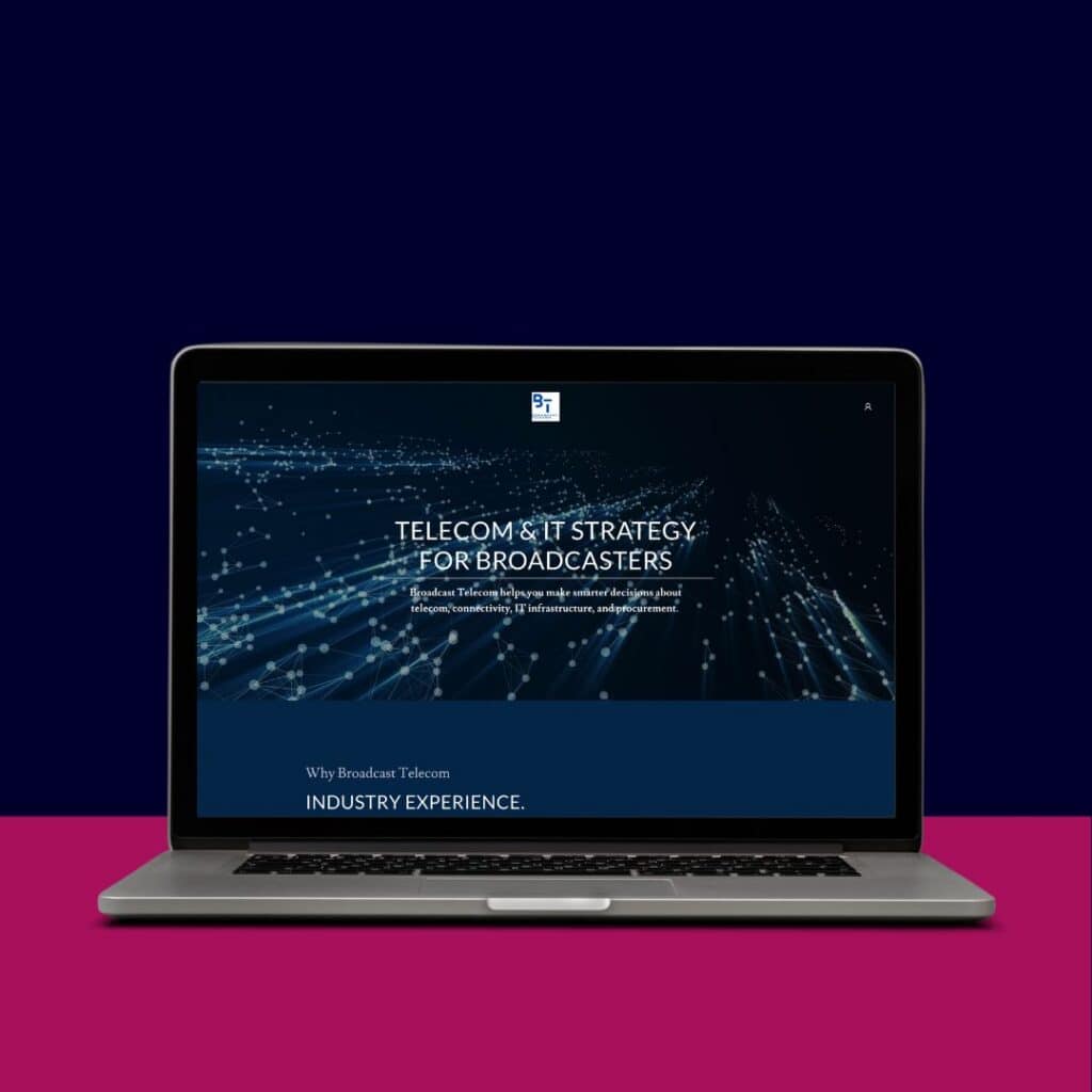 Advanced telecom and IT strategy solutions for broadcasters displayed on a sleek laptop screen.