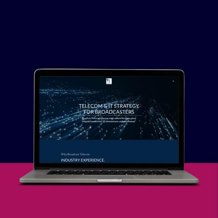Advanced telecom and IT strategy solutions for broadcasters displayed on a sleek laptop screen.