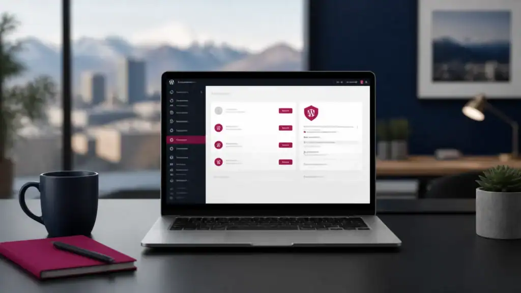 Laptop displaying web design dashboard with city skyline in background.