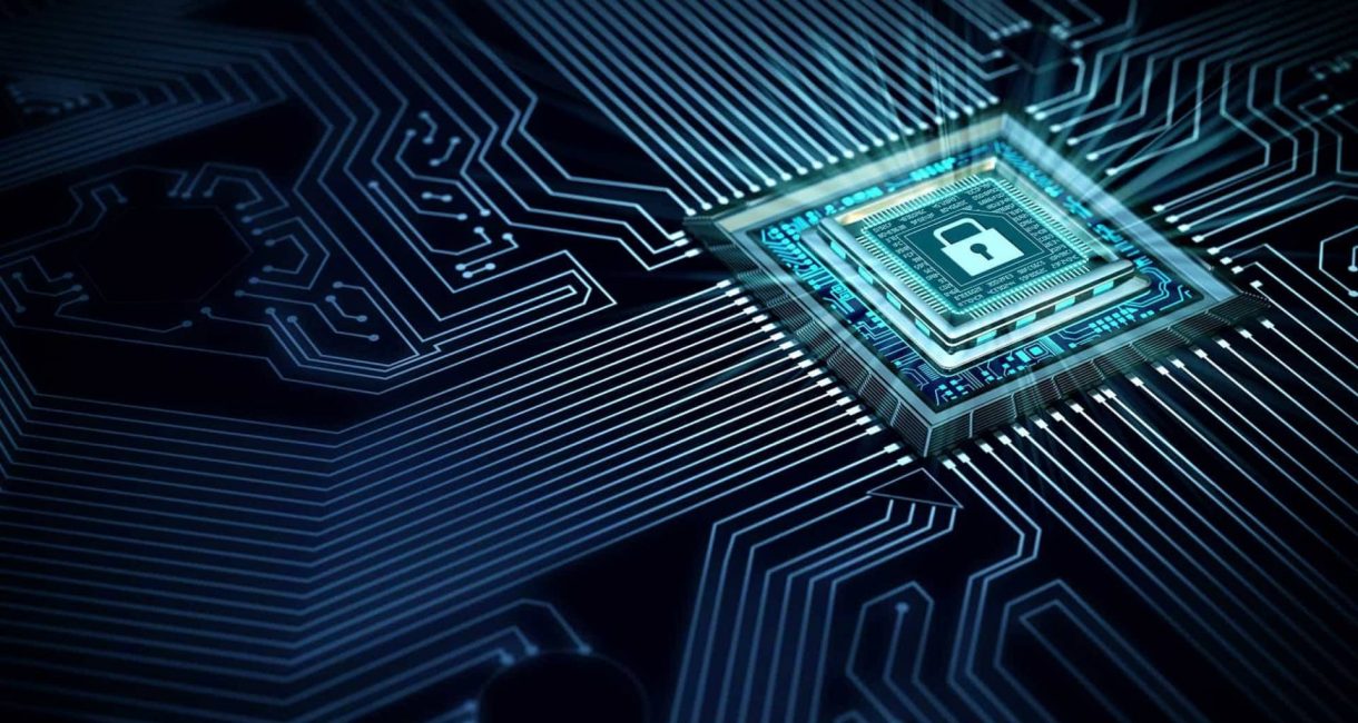 Advanced digital security chip on circuit board with lock icon, cybersecurity concept.